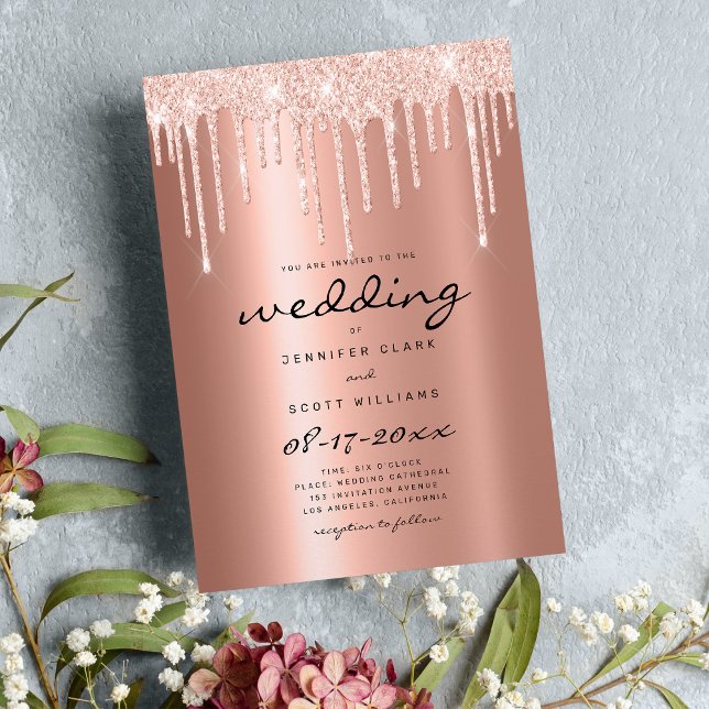 Blush rose gold glitter drips script glam wedding  invitation (Blush rose gold glitter drips script glam wedding)