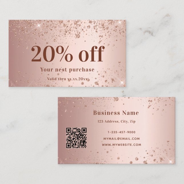 Blush rose gold glitter dust qr code business discount card (Front/Back)