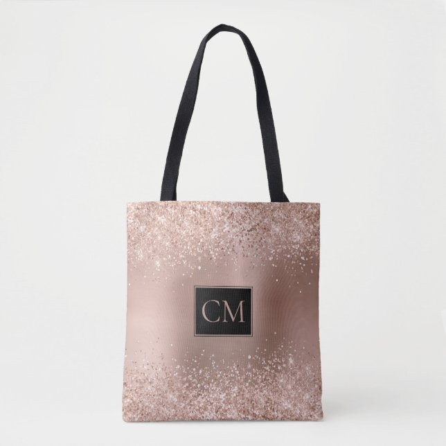 Blush Rose Gold Glitter Metallic Monogram Tote Bag (Front)
