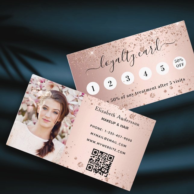 Blush rose gold glitter qr code photo business loyalty card (Creator Uploaded)