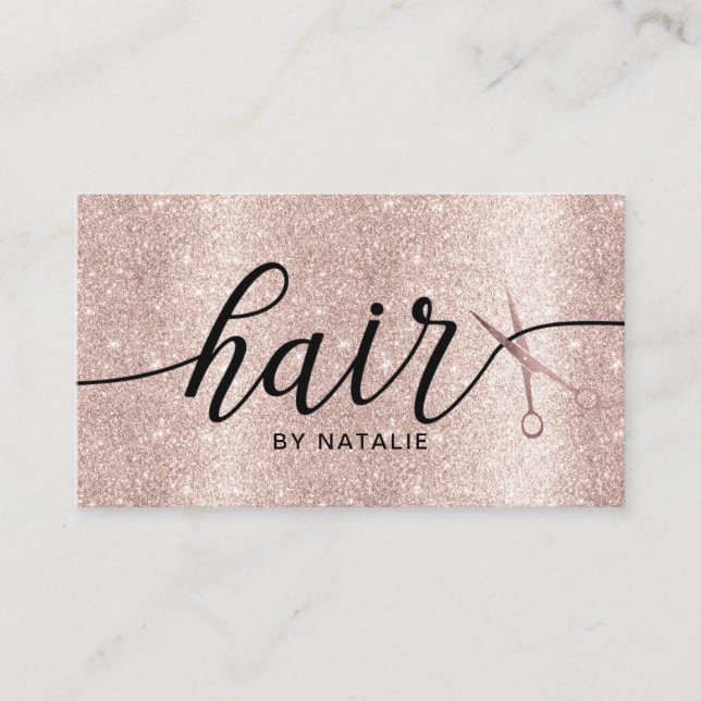 Blush Rose Gold Glitter Typography Hair Stylist Business Card (Front)
