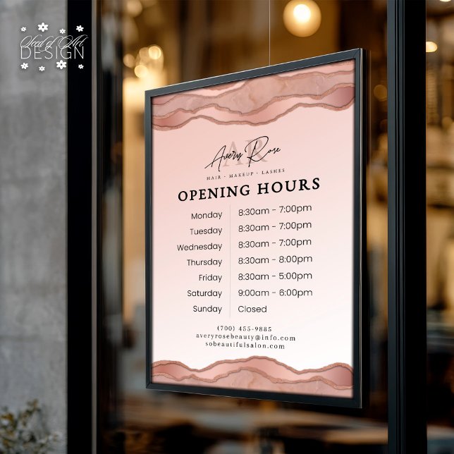 Blush Rose Gold Marble Agate Beauty Salon Hours (Creator Uploaded)