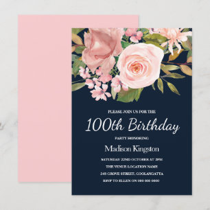 Blush & Rose Gold Navy 100th Birthday Party Invite