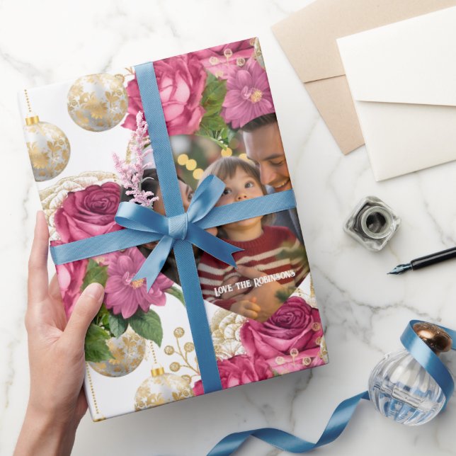 Blush Rose & Gold Ornament Custom Christmas Photo Wrapping Paper (Gifting)