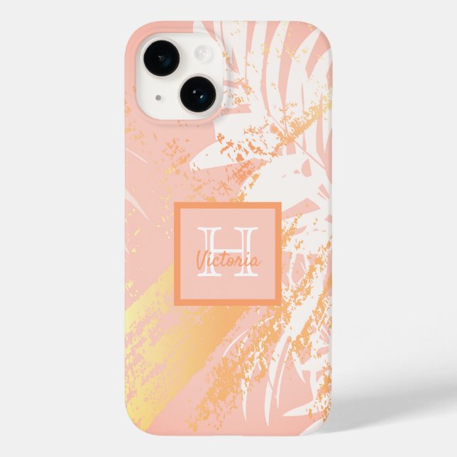 Blush rose gold palm tree leaves monogram Case-Mate iPhone case (Back)