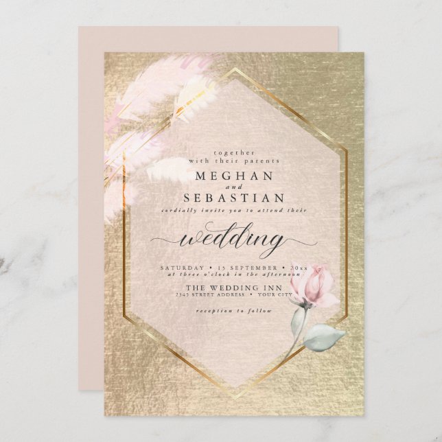 Blush Rose Gold Pampas Grass Floral  Invitation (Front/Back)