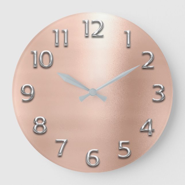 Blush Rose Gold Peach Grey Metallic Arabic Number Large Clock (Front)