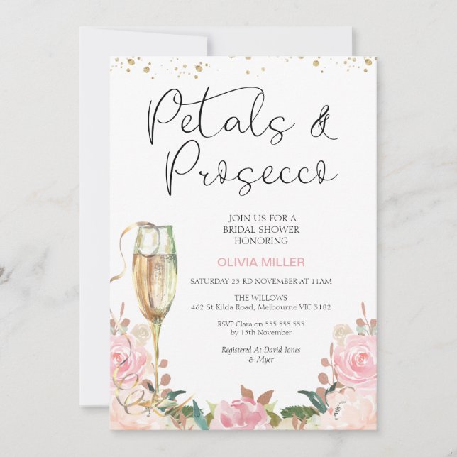 Blush Rose Gold Petals and Prosecco Bridal Shower Invitation (Front)