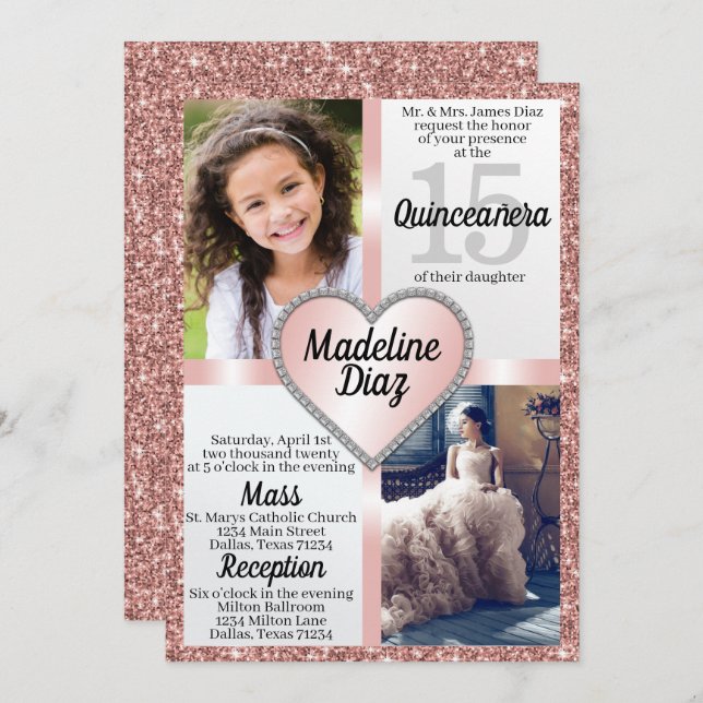 Blush Rose Gold Quinceañera Invitation Cumpleaños (Front/Back)