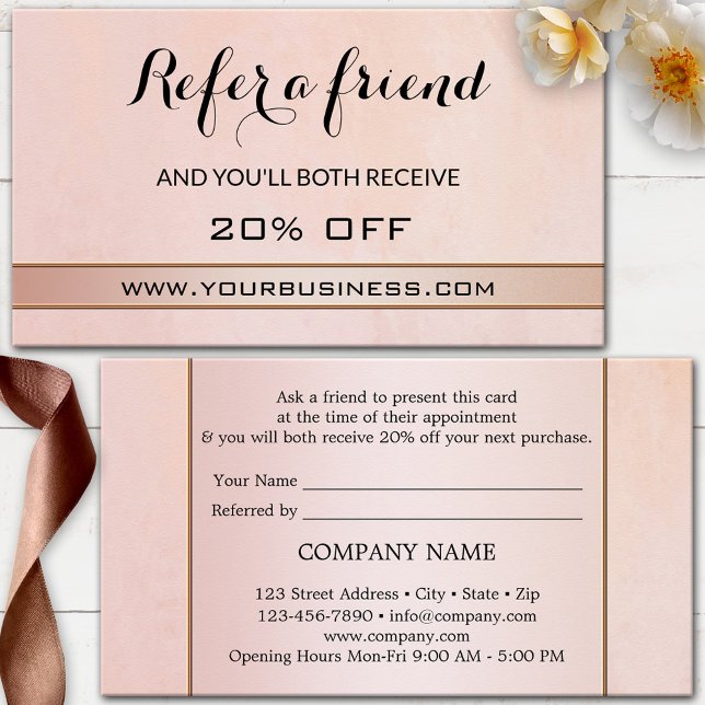Blush Rose Gold Referral Business Card (Elegant referral business card featuring a blush pink and rose gold artistic design)