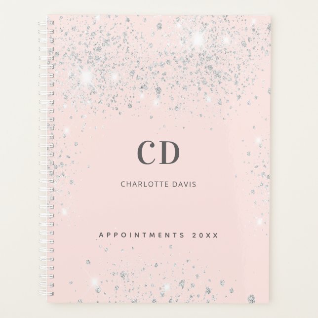 Blush rose gold silver glitter sparkles name planner (Front)