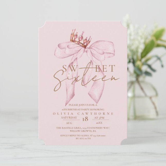 Blush Rose & Gold Sweet 16 Bow Birthday  Invitation (Standing Front)