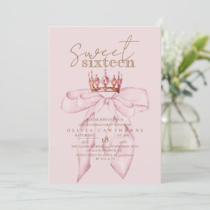 Blush Rose & Gold Sweet 16 Bow Crown Birthday  Invitation