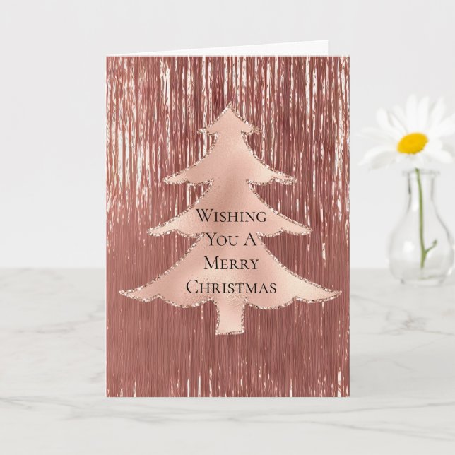 Blush Rose Gold Tinsel Christmas Tree Card (Small Plant)