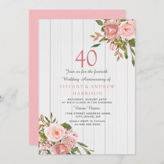 Blush Rose Gold White 40th Wedding Anniversary Invitation (Front/Back)
