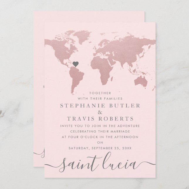 Blush Rose Gold World Map Travel Theme Wedding Invitation (Front/Back)