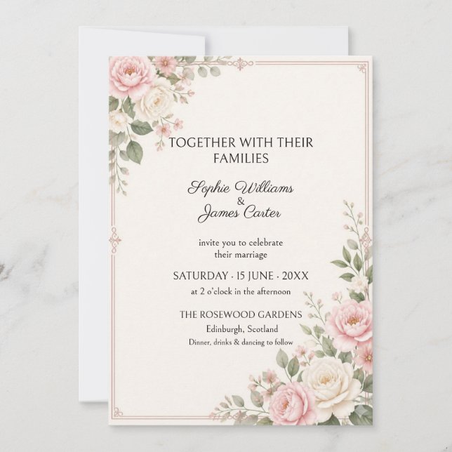 Blush Rose Greenery Border Wedding Invitation (Front)