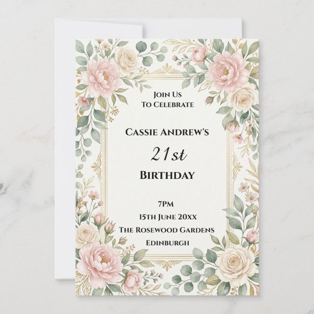 Blush Rose Greenery Milestone Birthday Invitation (Front)