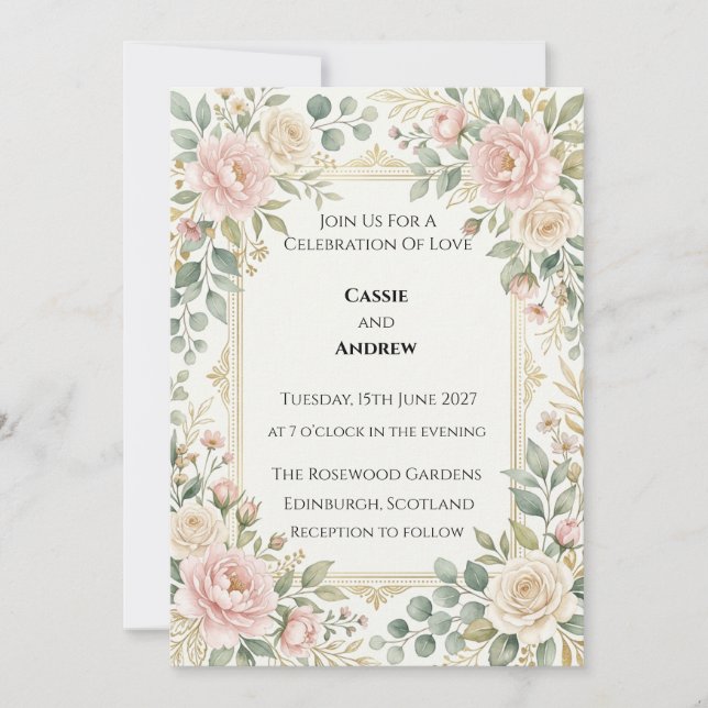 Blush Rose Greenery Wedding Invitation (Front)