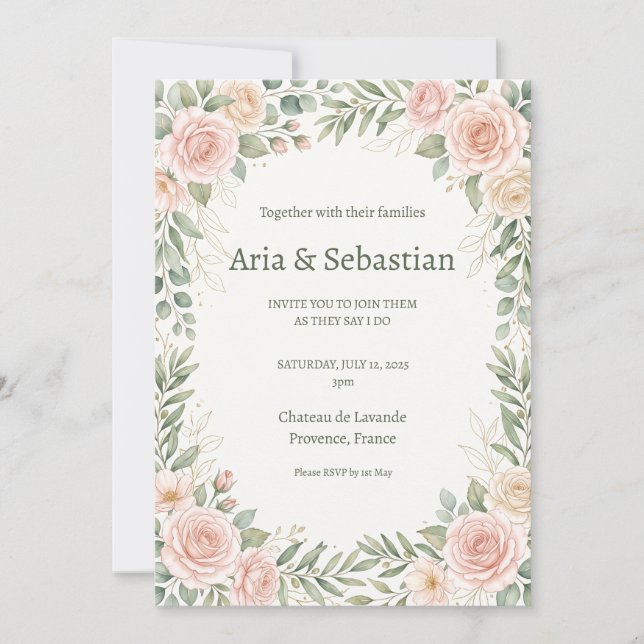 Blush Rose Greenery Wedding Invitation (Front)