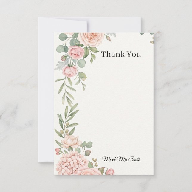 Blush Rose Greenery Wedding Thank You Card (Front)