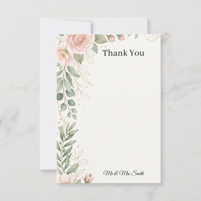 Blush Rose Greenery Wedding Thank You Card (Front)