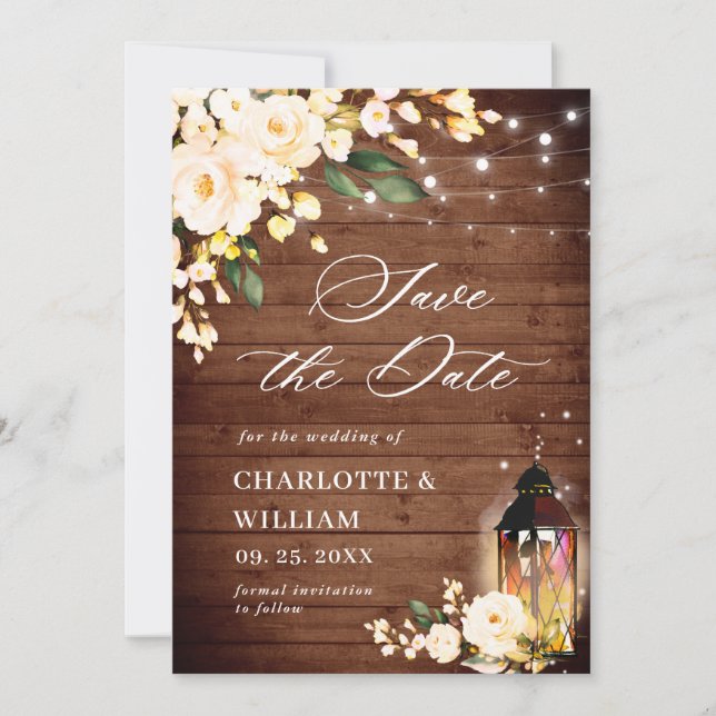 Blush Rose Lantern Rustic Wood Wedding QR code Save The Date (Front)