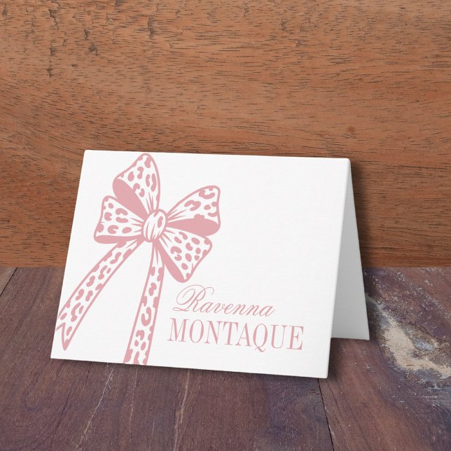 Blush Rose Leopard Bow Handwritten Name Party Note Card (Creator Uploaded)