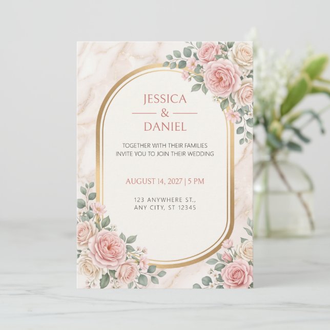 Blush Rose Marble Gold Arch Wedding Invitation (Standing Front)