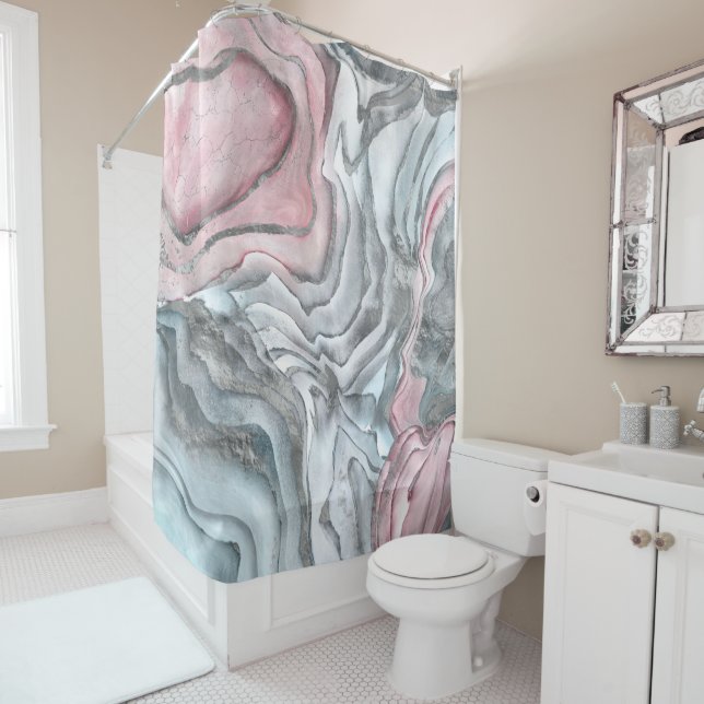 Blush rose marble - pastel pinks and silver shower curtain (In Situ)
