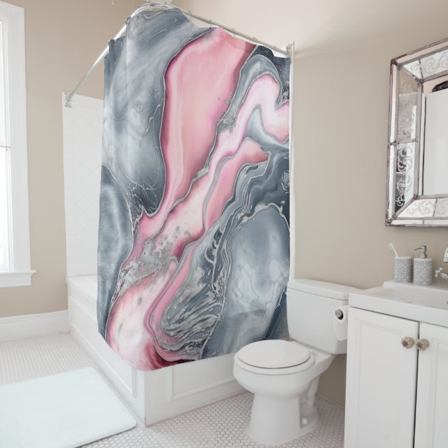 Blush rose marble - pastel pinks, grey and silver shower curtain (In Situ)