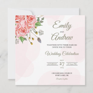 Blush Rose Meadow Floral Watercolor Square Wedding Invitation