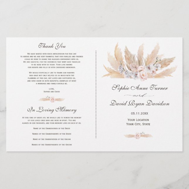Blush Rose Orchid Pampas Grass Wedding Program (Front)