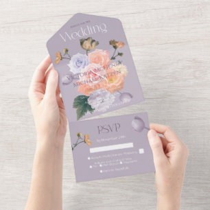 Blush Rose Pale Purple Modern Floral Wedding All In One Invitation