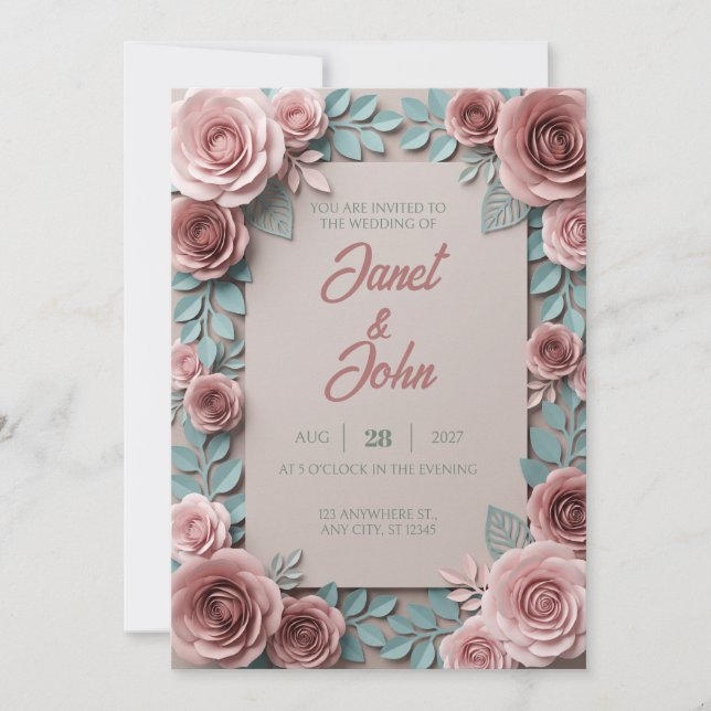 Blush Rose Papercut 3D Floral Wedding Invitation (Front)