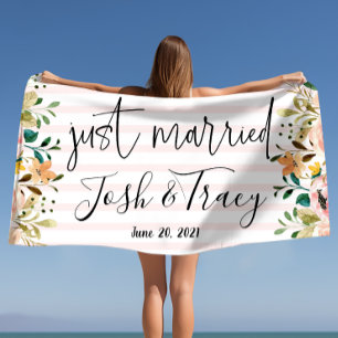 Blush Rose Personalised Just Married Floral Beach Towel