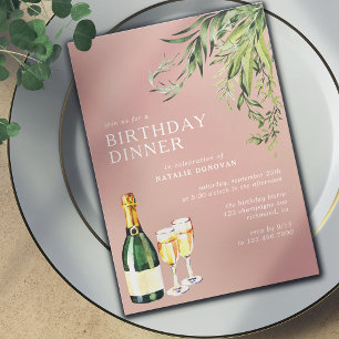 Blush Rose Pink Champagne Garden Birthday Dinner Invitation