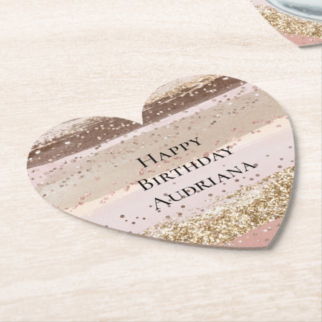Blush Rose Pink Chocolate Gold Glitter Birthday Paper Coaster (Angled)
