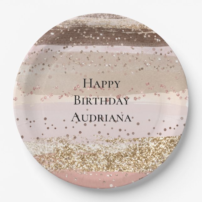 Blush Rose Pink Chocolate Gold Glitter Birthday Paper Plate (Front)