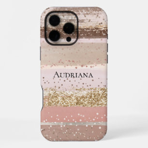 Blush Rose Pink Chocolate Gold Glitter Stripes iPhone 16 Pro Max Case