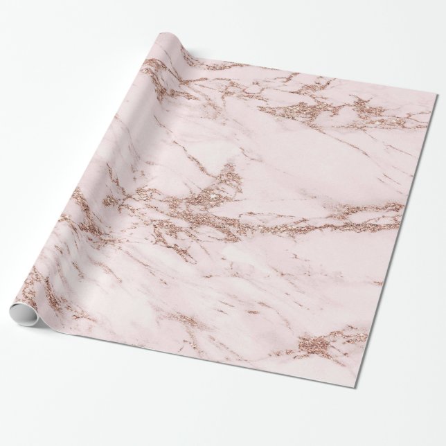 Blush Rose Pink Glitter Marble Glossy Wrapping Paper (Unrolled)