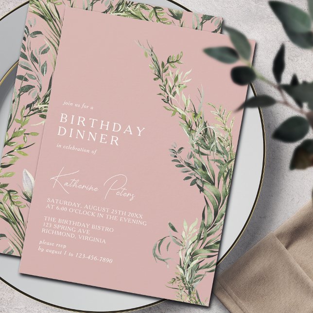 Blush Rose Pink Greenery | Elegant Birthday Dinner Invitation (Creator Uploaded)