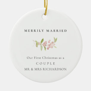 BLUSH ROSE PINK MINIMAL CUSTOM MERRILY MARRIED CERAMIC TREE DECORATION