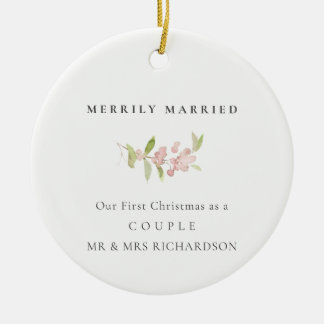 BLUSH ROSE PINK MINIMAL CUSTOM MERRILY MARRIED CERAMIC TREE DECORATION