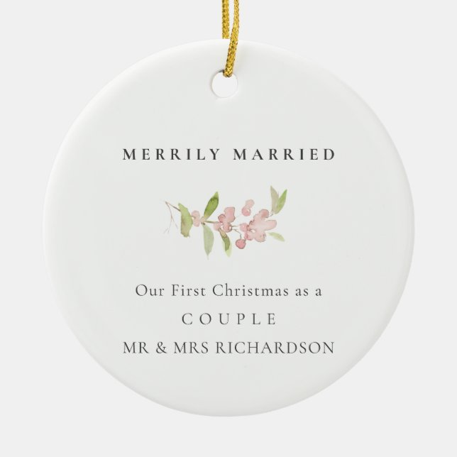 BLUSH ROSE PINK MINIMAL CUSTOM MERRILY MARRIED CERAMIC TREE DECORATION (Front)