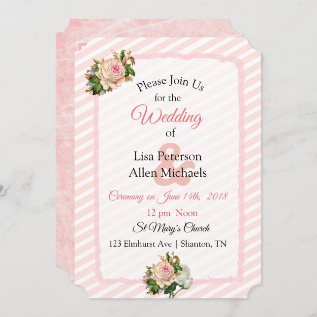 Blush Rose Pink Striped Floral Wedding Invitation (Front/Back)