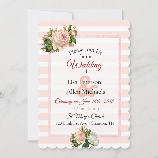 Blush Rose Pink Striped Floral Wedding Invitation (Front)
