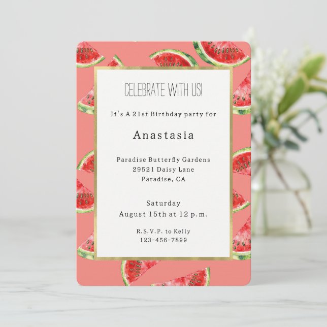 Blush Rose Red Green Watermelons Birthday Invitation (Standing Front)
