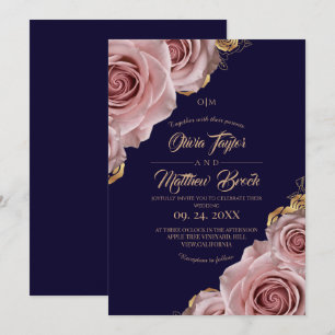 Blush Rose & Royal Blue Elegant Modern Wedding Invitation