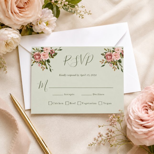 Blush Rose Sage Green Floral Wedding RSVP Card (Creator Uploaded)